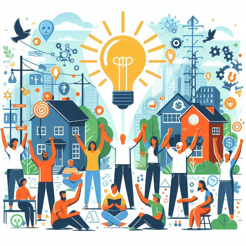 A graphic of a community of people from various ethnicities and demographics, in a party mood. An oversize lightbulb is high front and centre, symbolically as a reference to great ideas