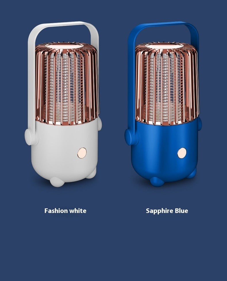Two portable mosquito killers, one white and one blue, on a dark blue background.