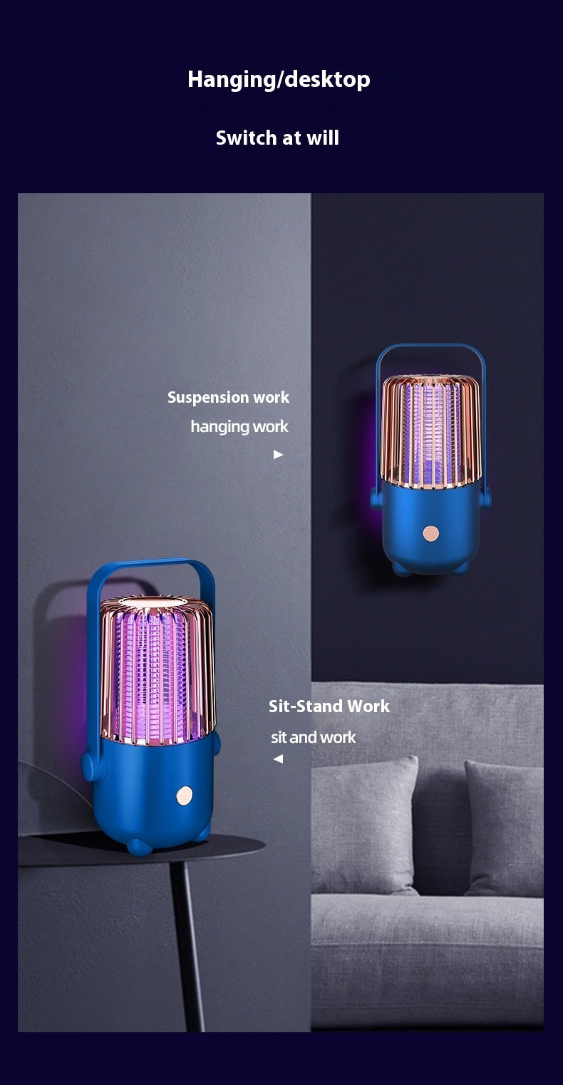 Blue mosquito lamp with text indicating its versatility for hanging, sitting, and standing work.