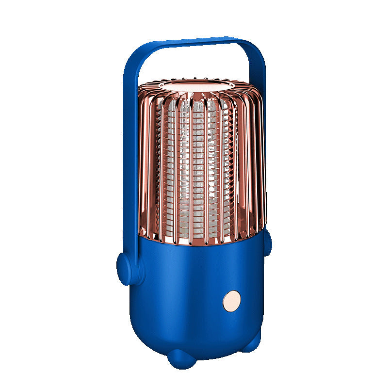 Blue and rose gold portable mosquito repellant lamp on a white background