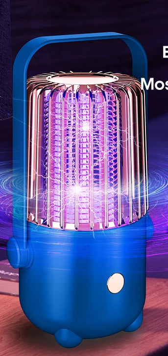 Blue handheld electronic mosquito killer device with a purple light on a dark background
